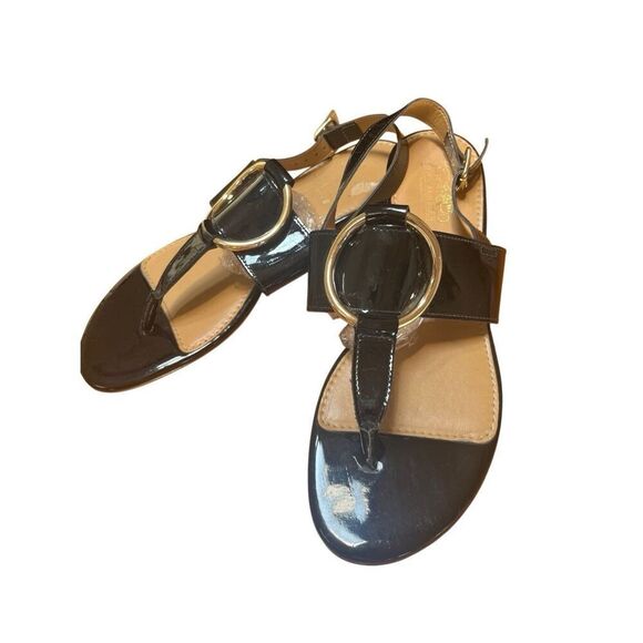 Coach & Four Women Sandals 8.5 Black Patent Leather Gold Ring Slingback Italy - Picture 10 of 10